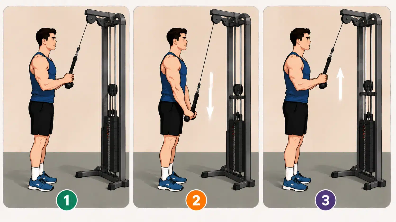 Triceps pushdown steps showing proper cable exercise form from starting position to pressing the rope downward.