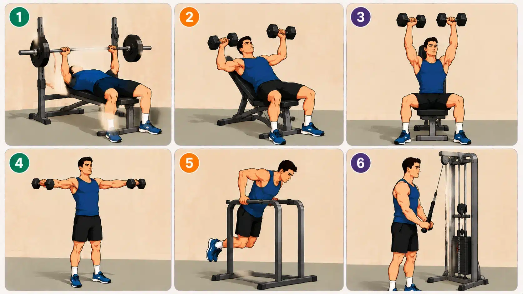 Upper body push exercises infographic showing muscle building, strength, and beginner workout options with different gym movements.