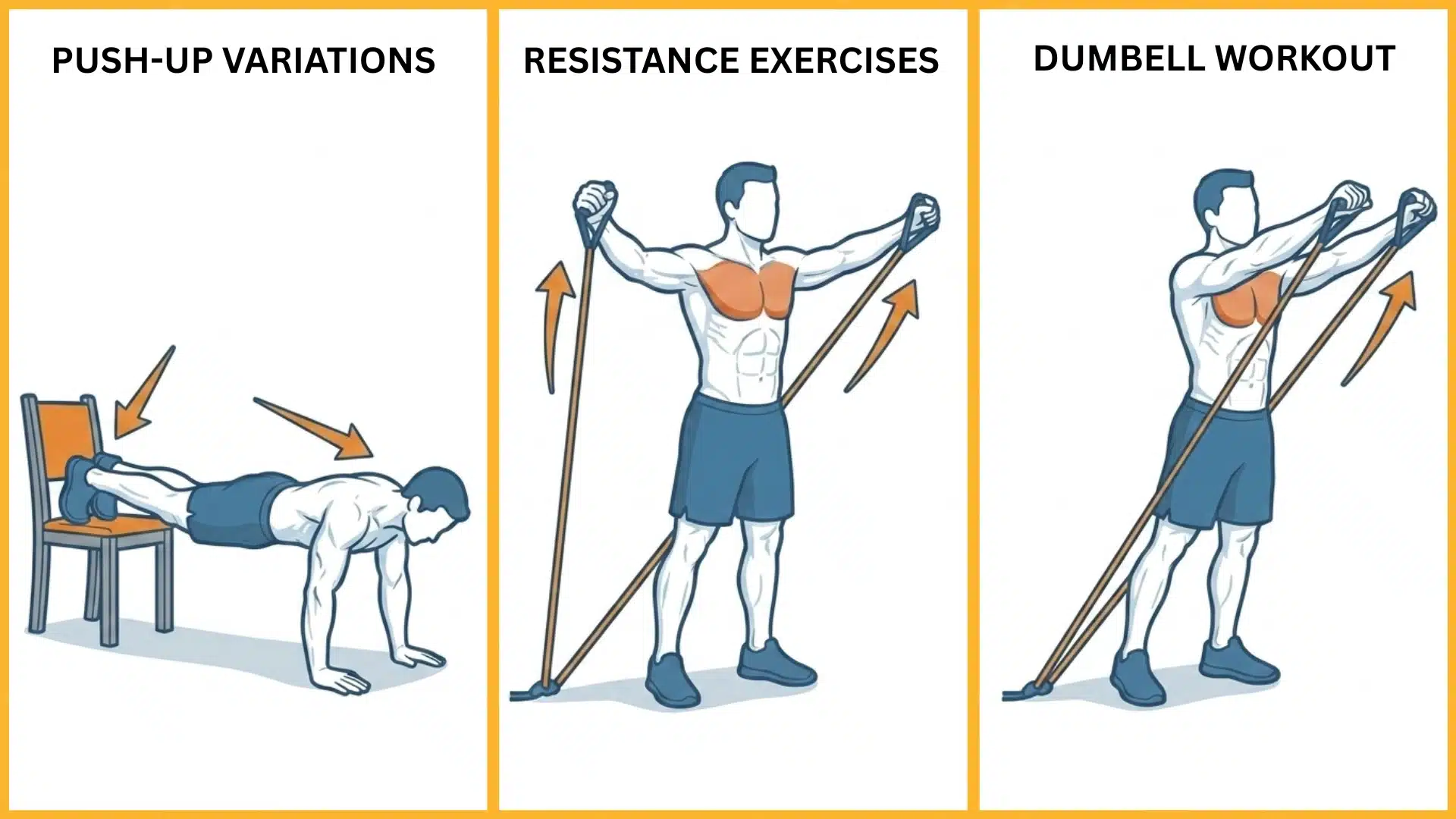 Upper chest workout at home featuring push-up variations, resistance bands, and dumbbell exercises.