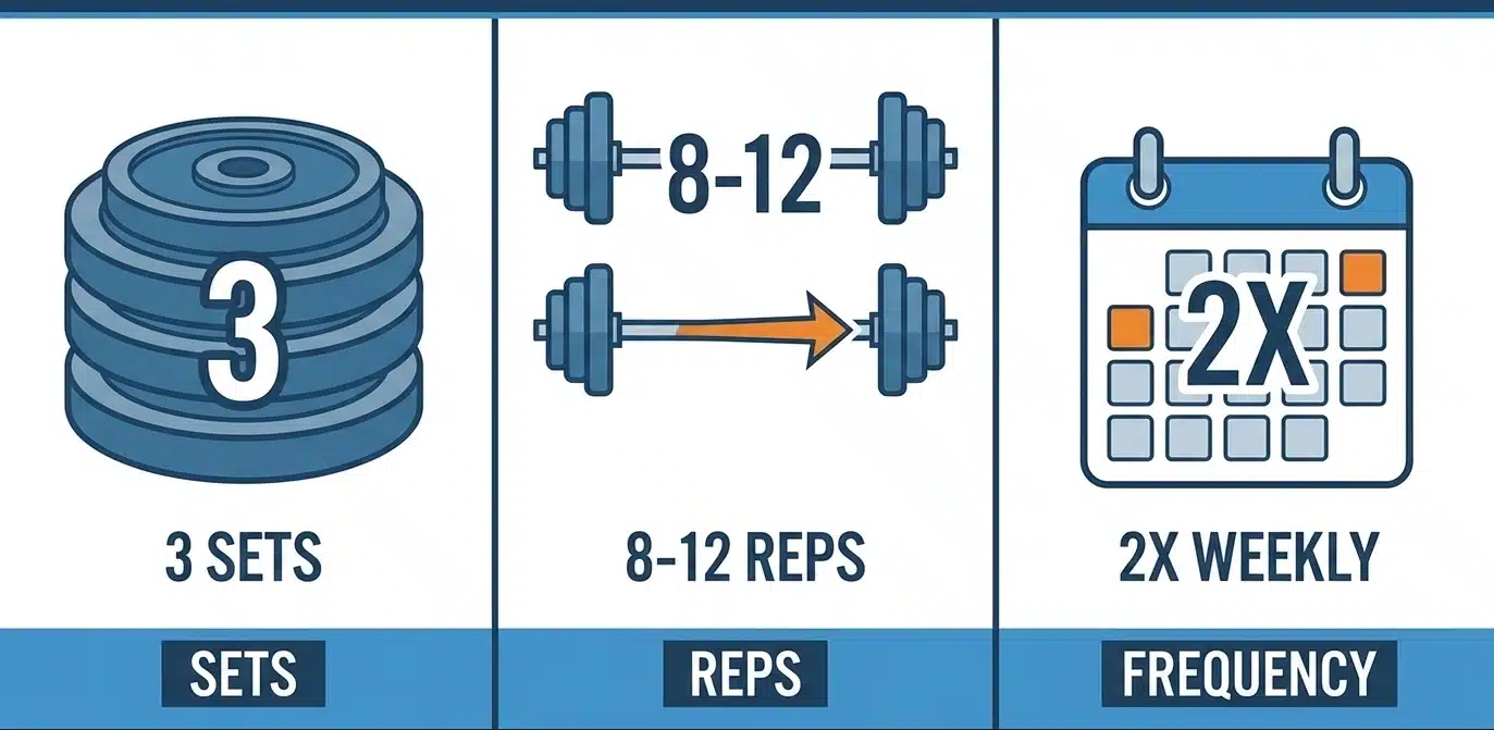 Upper chest workout infographic showing 3 sets, 8 to 12 reps, and twice weekly training frequency.