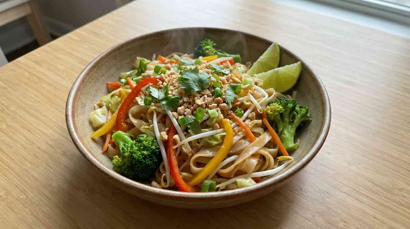 Vegetable Pad Thai with rice noodles, broccoli, peppers, carrots, cabbage, bean sprouts, peanuts, lime, and cilantro.