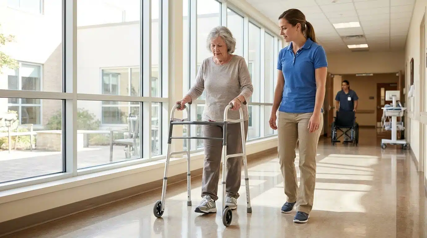 Older adult using a walker while learning to walk after hip replacement surgery,