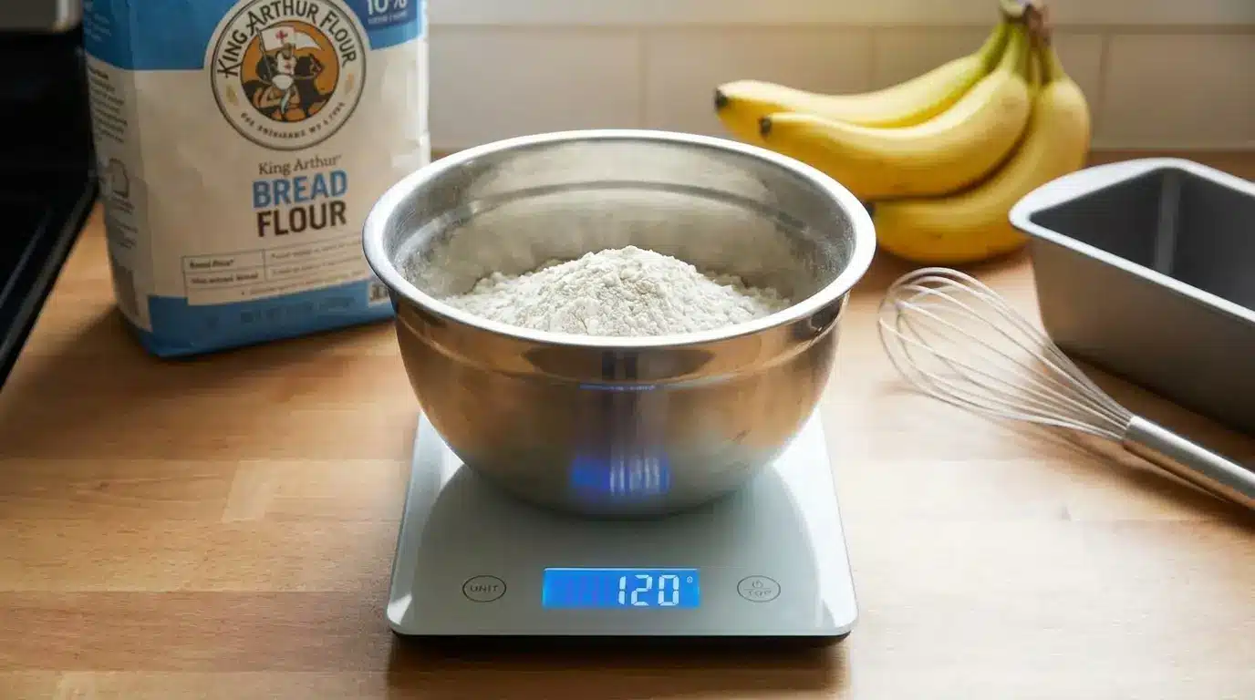 Bread flour weighed on a digital kitchen scale beside bananas, a whisk, and a loaf pan for making banana bread.