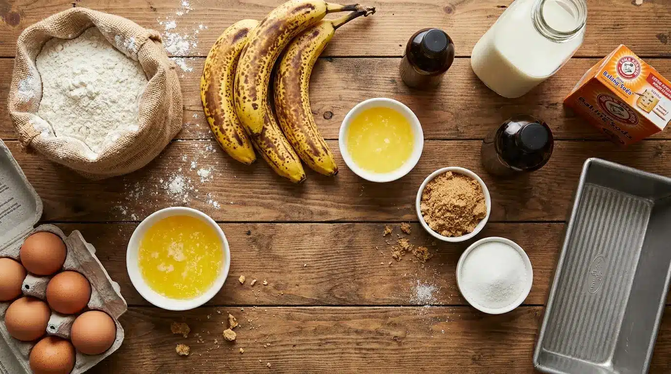 Banana bread ingredients arranged on a wooden table, including ripe bananas, flour, eggs, butter, sugar, milk, and a loaf pan.