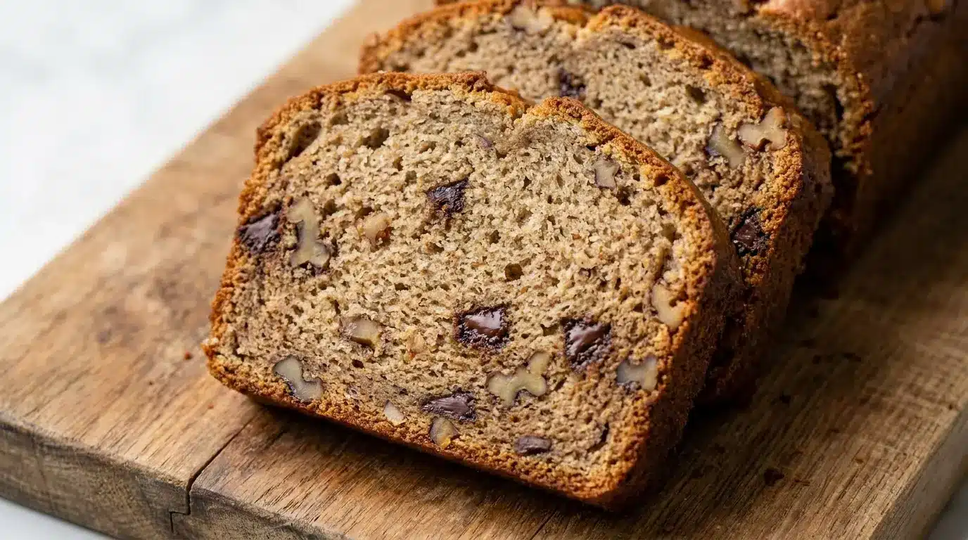 Sliced banana bread made with bread flour, showing a dense crumb with chocolate chips and walnuts on a wooden board.