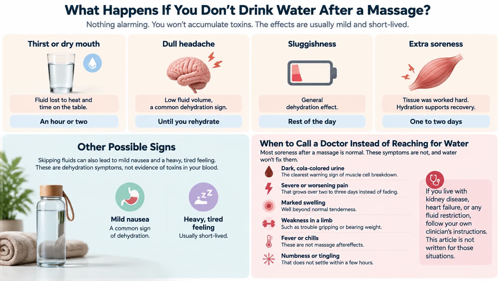 Infographic showing the symptoms of post-massage dehydration and warning signs requiring medical attention.