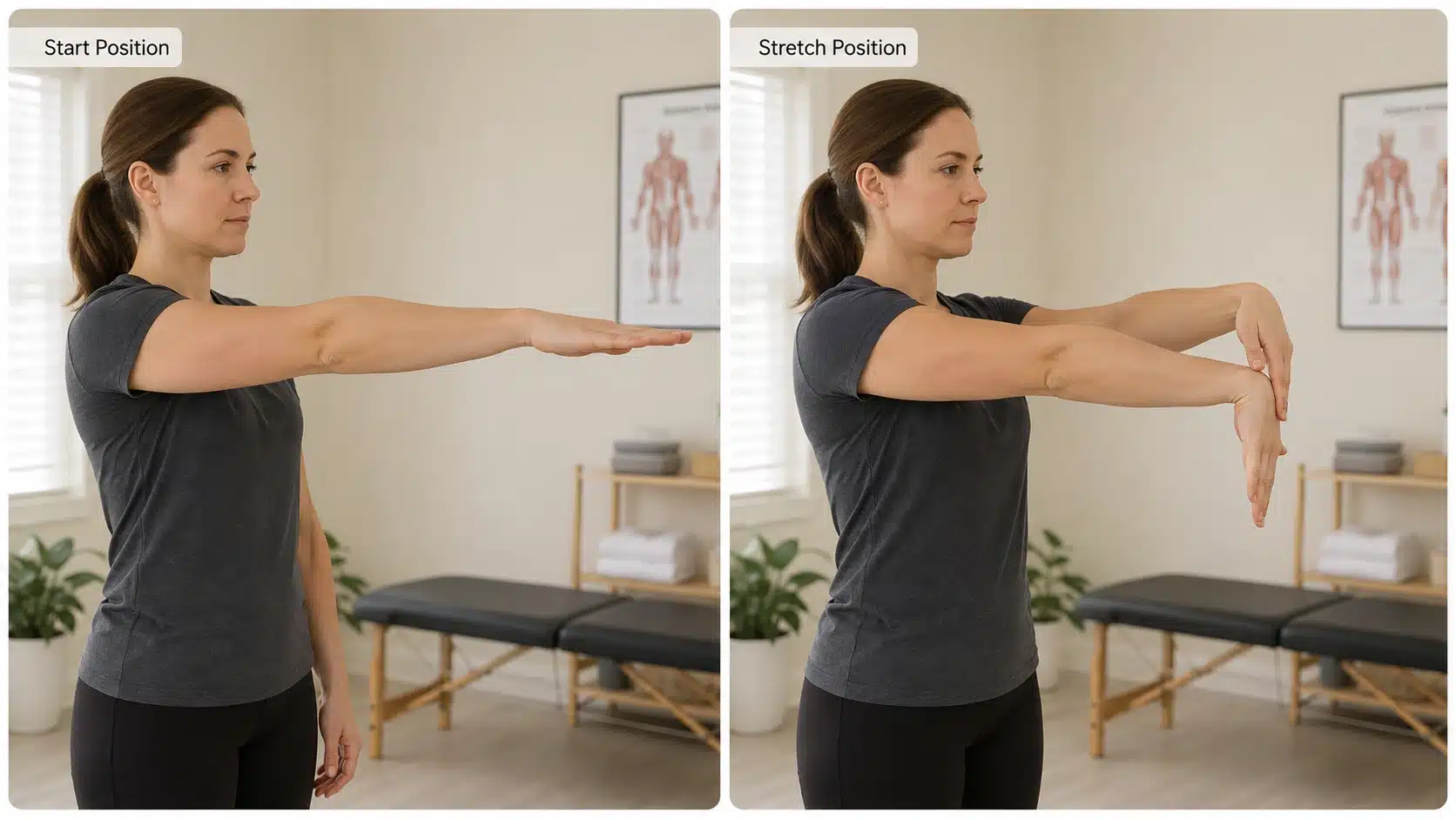 Two panel image in which a person is performing wrist extensor stretch exercise to improve flexibility during tennis elbow physical therapy.